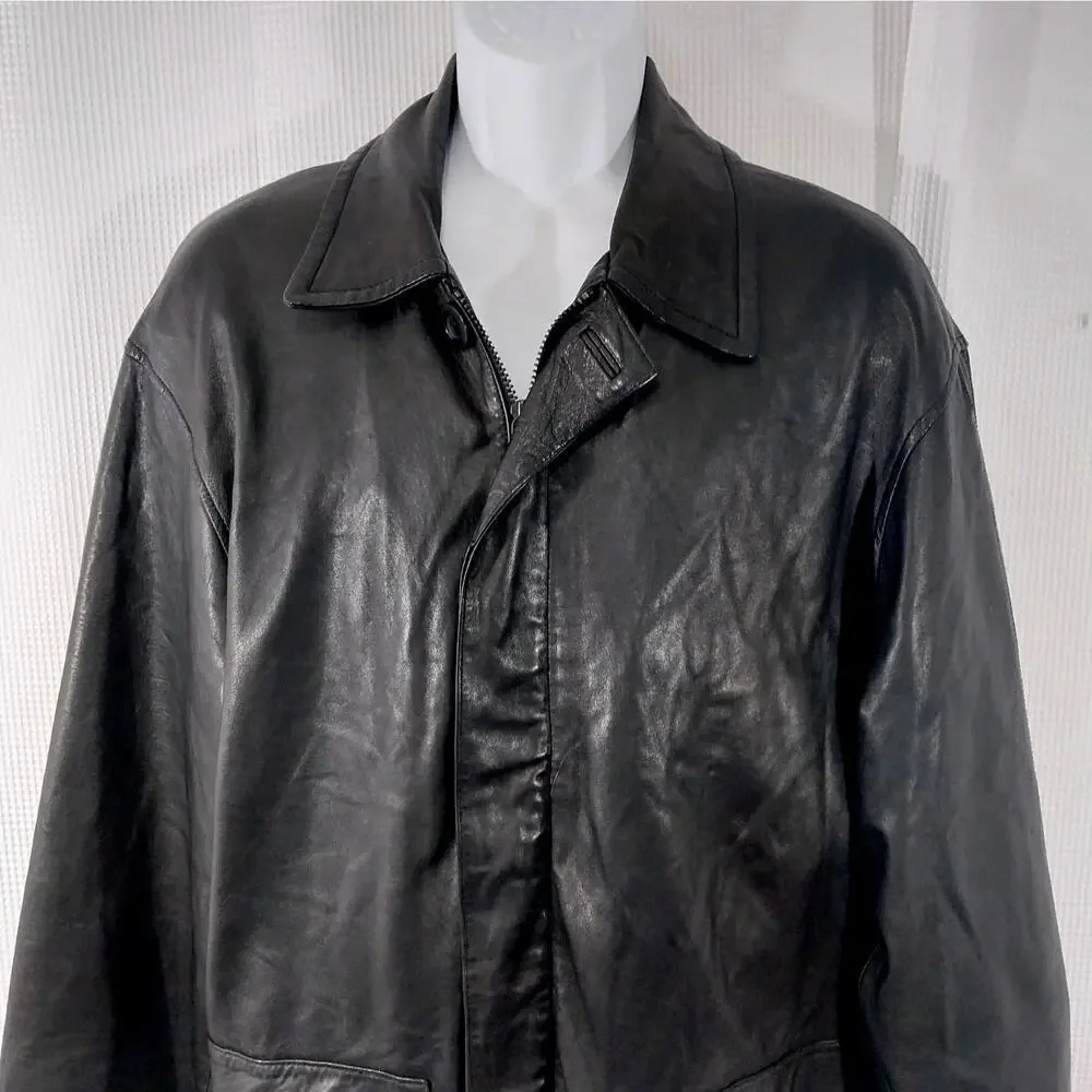 KENNETH COLE REACTION! BLACK GENUINE LAMB LEATHER STADIUM LENGTH COAT! SZ M